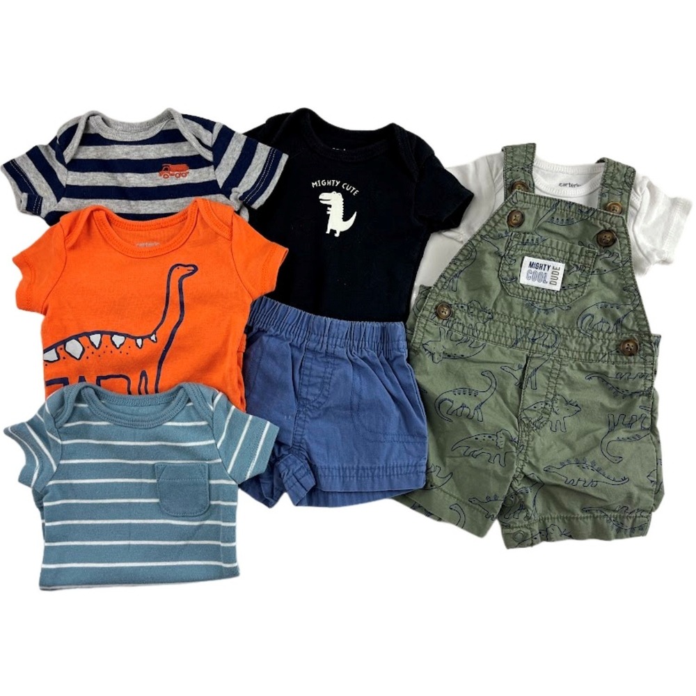 Carter's Newborn Baby Boy Outfit Lot 7pc Dinosaur Bodysuit Overalls Shorts